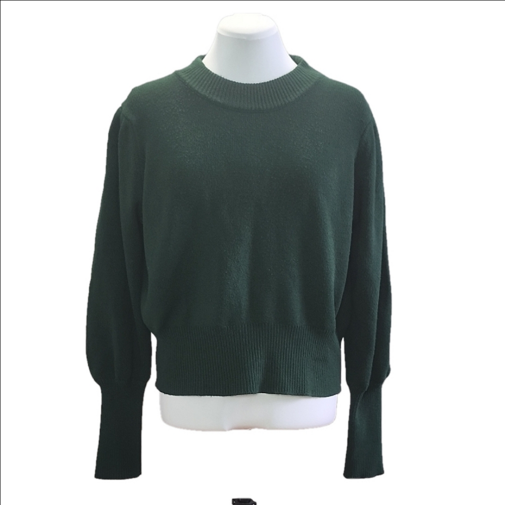 FRENCH CONNECTION dark green grew neck puff balloon sleeve knit sweater
